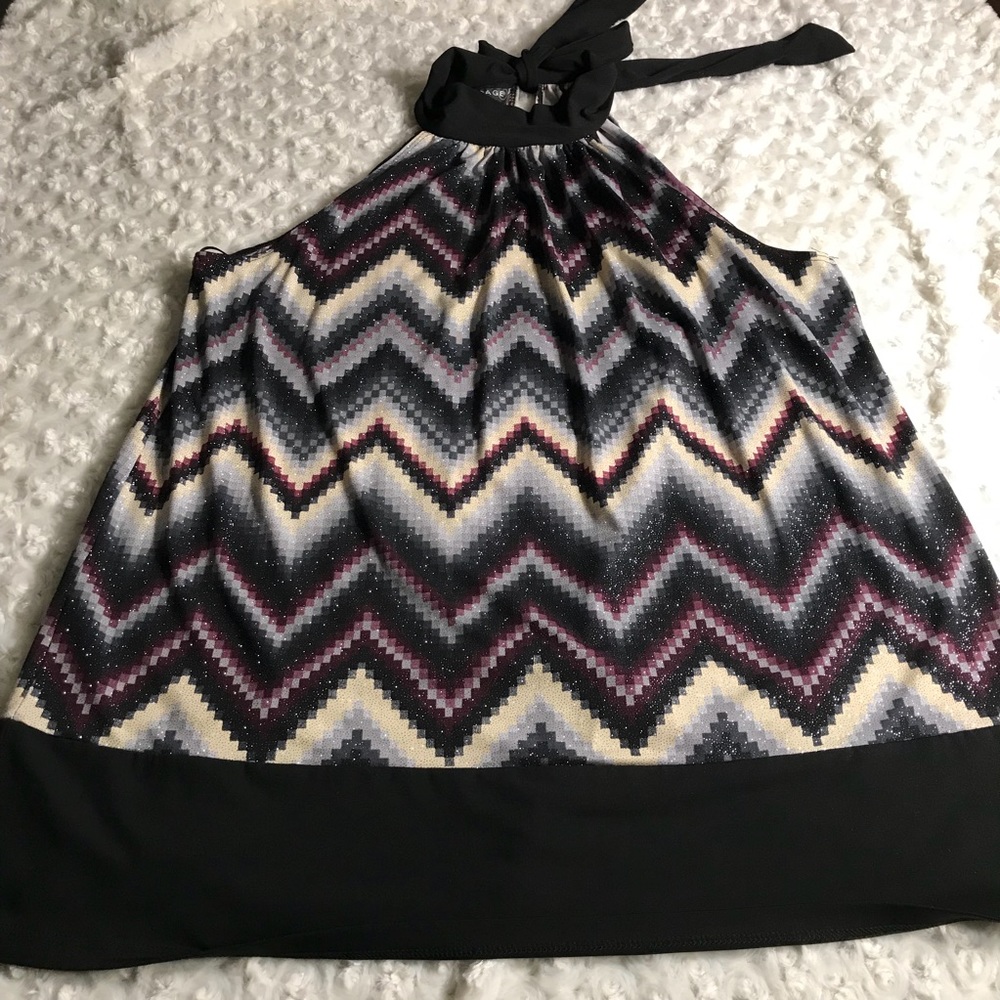 Rampage sleeveless chevron blouse bow tie collar L